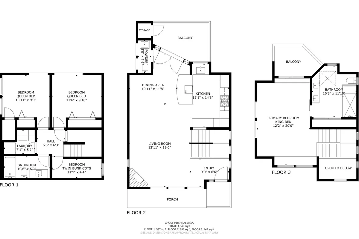 A multi-functional open-plan interior with views of the kitchen, living room, balcony, and primary bedroom. The area feels spacious, bright, and inviting, hinting at the open layout of the primary suite and its connection to a private deck.